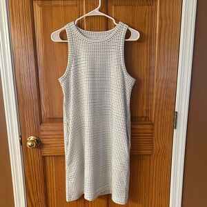 Sleeveless Textured white with blue and black Dress with pockets. Poly/Cotton